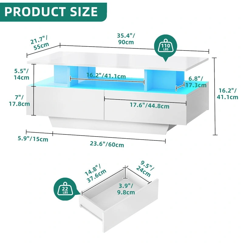 Moasis Modern Coffee Table with Storage High Glossy LED for Living Room