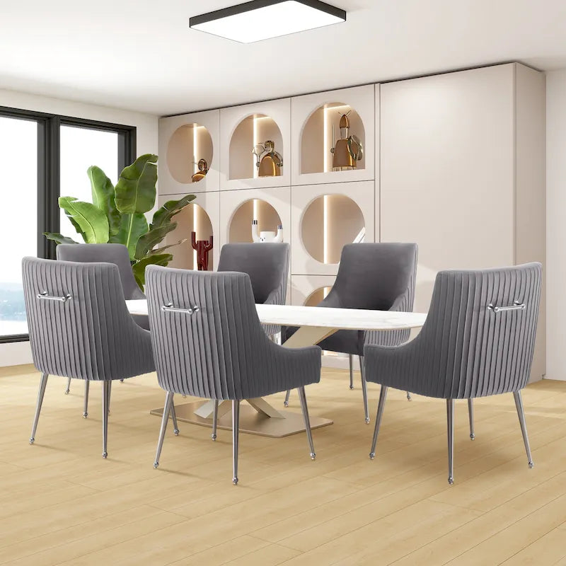 SEYNAR Modern Velvet Pleated Finish Back Dining Chair Set of 6 with Rear Handle