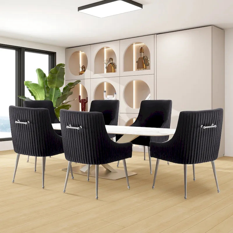 SEYNAR Modern Velvet Pleated Finish Back Dining Chair Set of 6 with Rear Handle