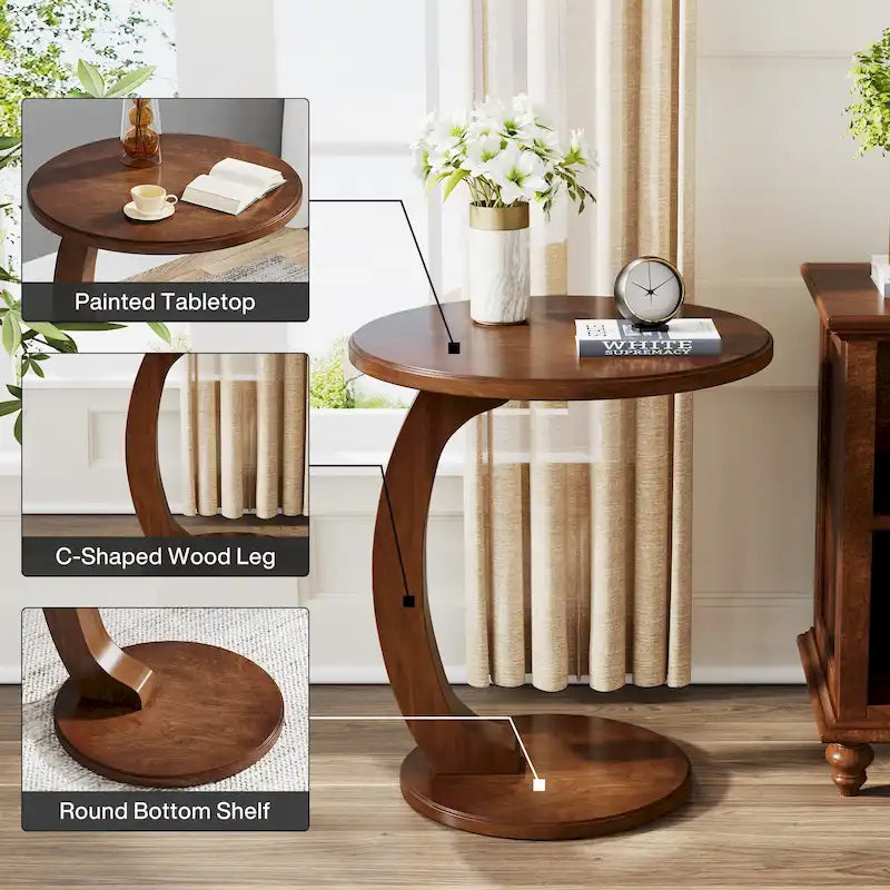 Round End Table, Wood C-Shaped Side Table, Vintage Couch Side Table