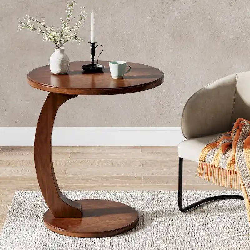 Round End Table, Wood C-Shaped Side Table, Vintage Couch Side Table