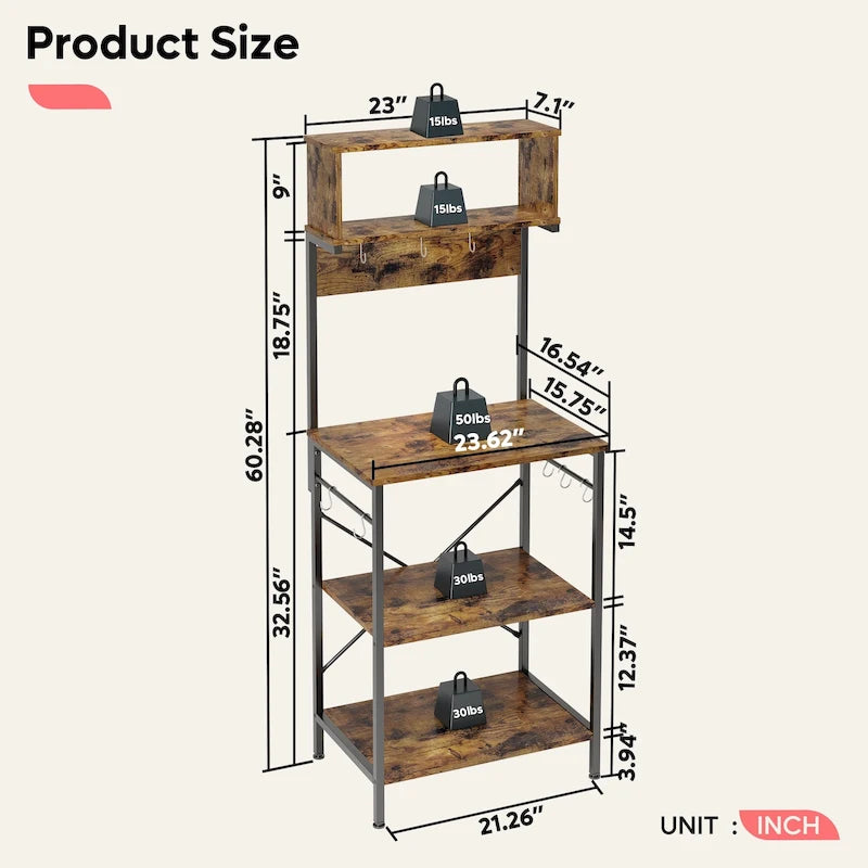 60 Inch Kitchen Baker's Rack with Hutch 8 Side Hooks