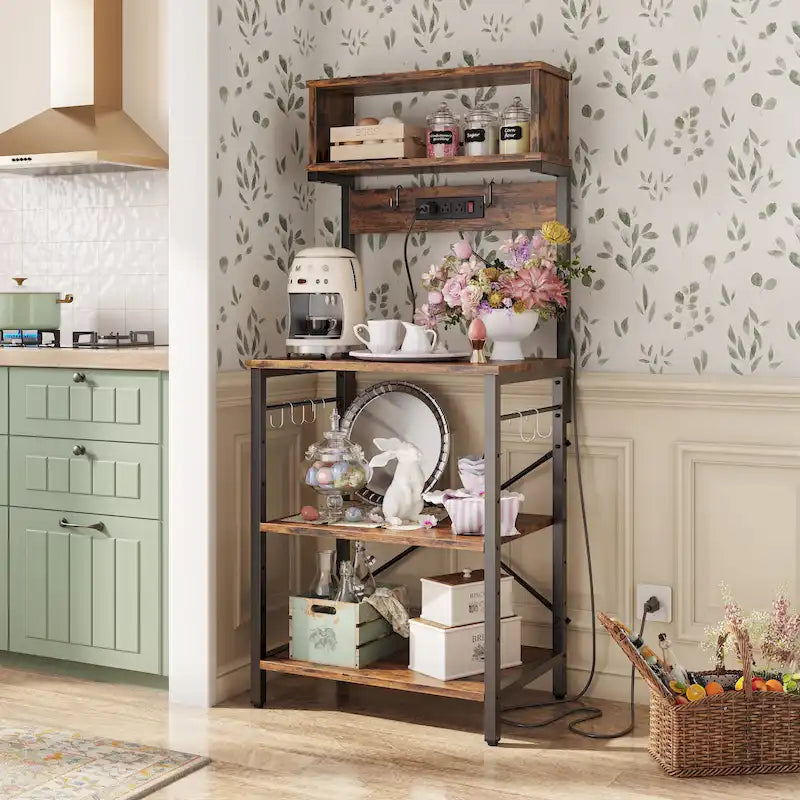 60 Inch Kitchen Baker's Rack with Hutch 8 Side Hooks
