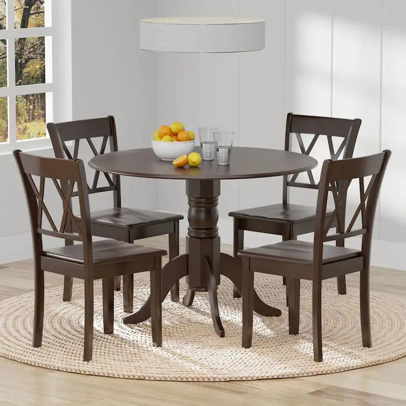 5-Piece Dining Set, 42 Round Drop-Leaf Table and Double X-Back Chairs