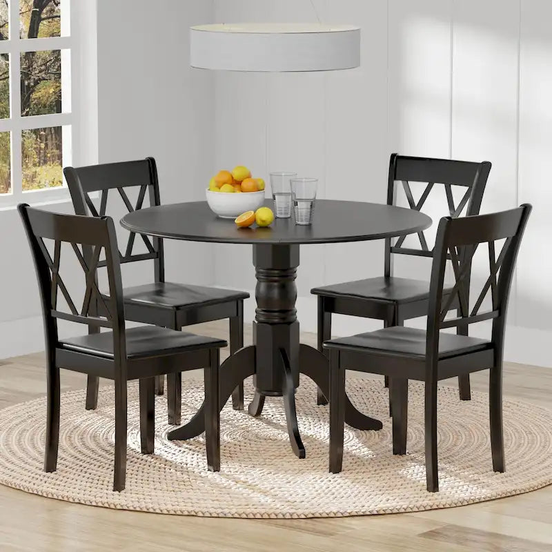 5-Piece Dining Set, 42 Round Drop-Leaf Table and Double X-Back Chairs