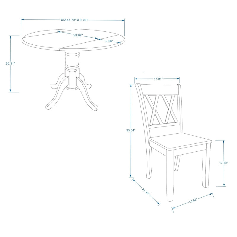 5-Piece Dining Set, 42 Round Drop-Leaf Table and Double X-Back Chairs
