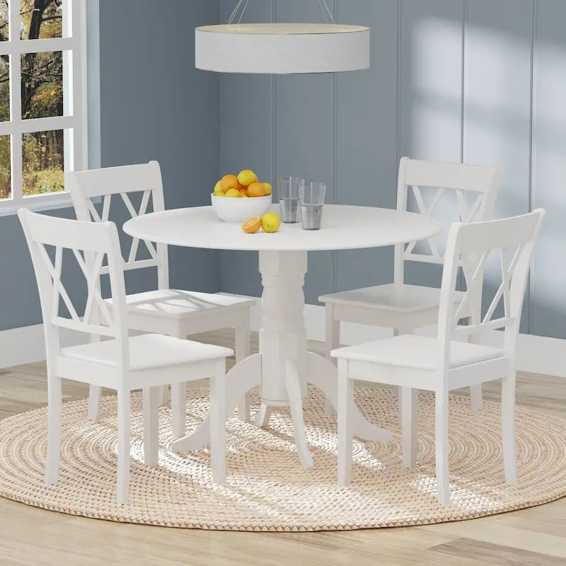 5-Piece Dining Set, 42 Round Drop-Leaf Table and Double X-Back Chairs