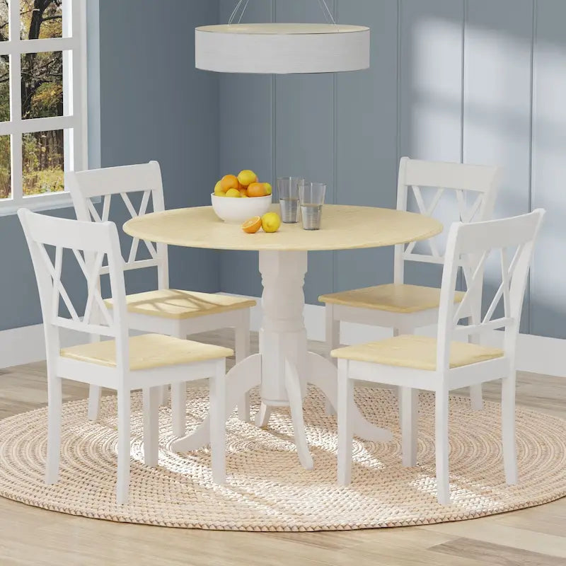 5-Piece Dining Set, 42 Round Drop-Leaf Table and Double X-Back Chairs
