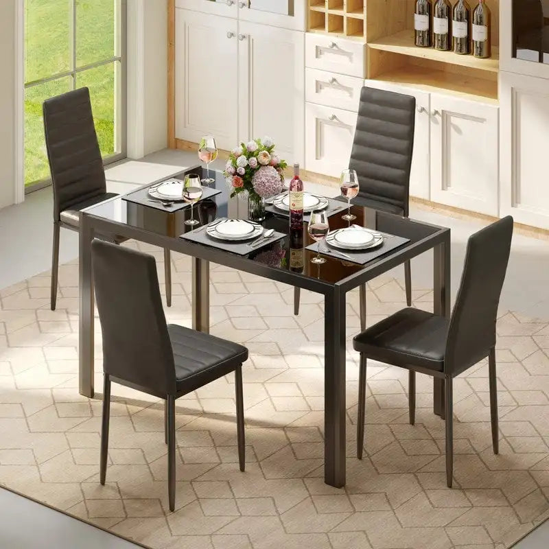5 Pieces Glass Dining Table Set, 4 Person Modern Home Kitchen Chairs with High Back PU Leather Dining Chairs