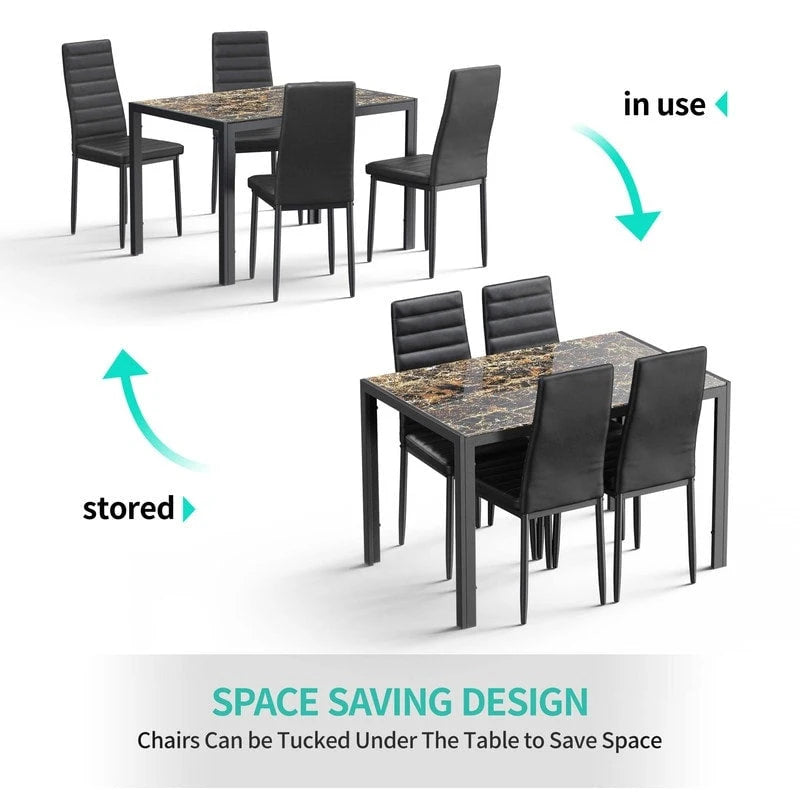 5 Pieces Glass Dining Table Set, 4 Person Modern Home Kitchen Chairs with High Back PU Leather Dining Chairs