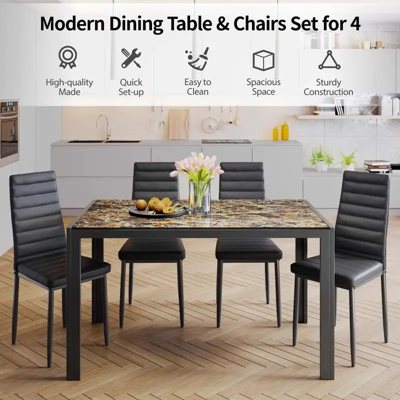 5 Pieces Glass Dining Table Set, 4 Person Modern Home Kitchen Chairs with High Back PU Leather Dining Chairs