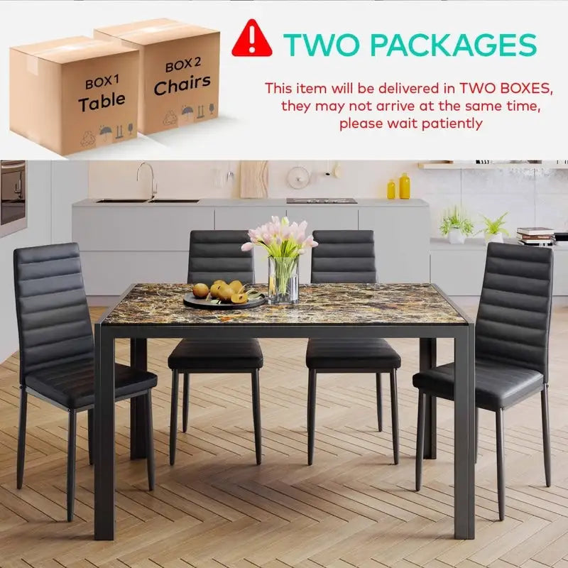 5 Pieces Glass Dining Table Set, 4 Person Modern Home Kitchen Chairs with High Back PU Leather Dining Chairs