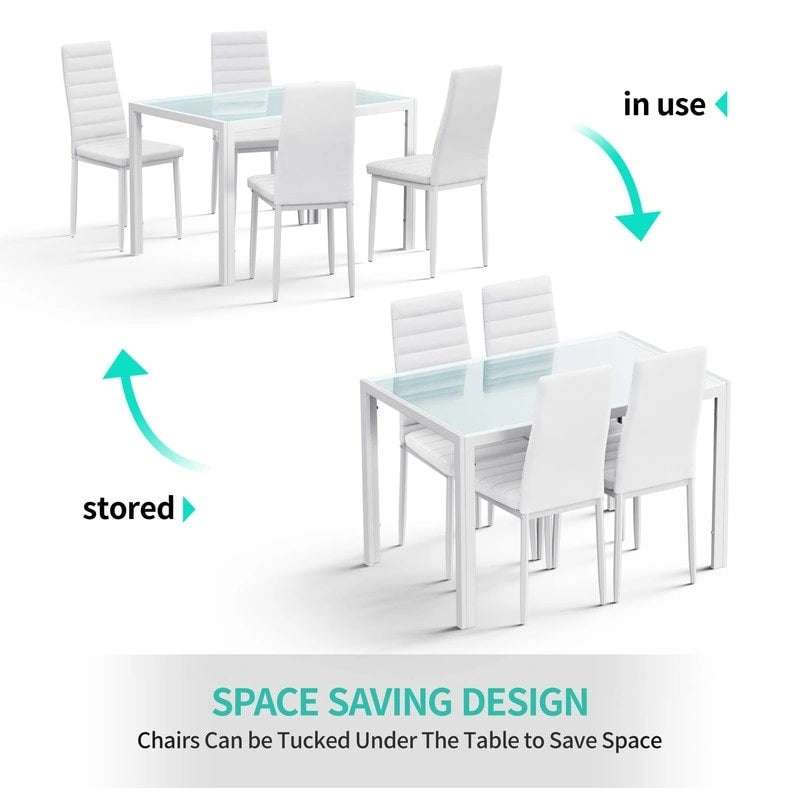 5 Pieces Glass Dining Table Set, 4 Person Modern Home Kitchen Chairs with High Back PU Leather Dining Chairs