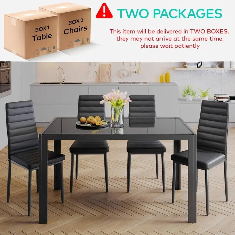 5 Pieces Glass Dining Table Set, 4 Person Modern Home Kitchen Chairs with High Back PU Leather Dining Chairs