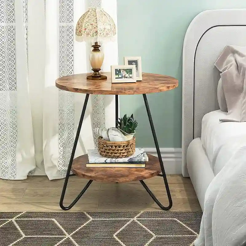 Round End Table, 2 Tier Wood Sofa Side Table for Living Room Bedroom