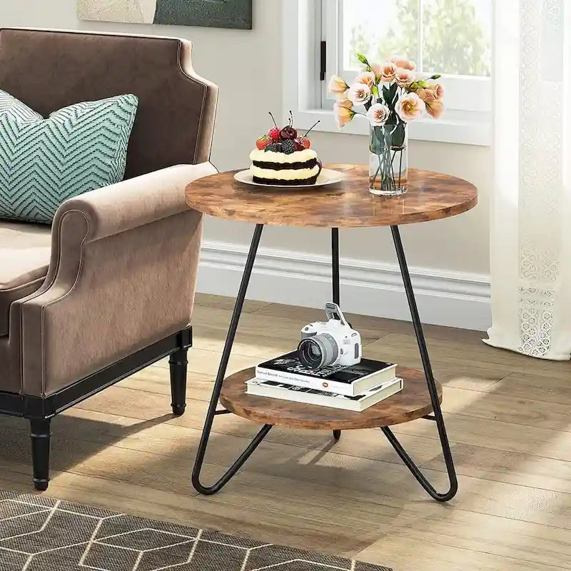 Round End Table, 2 Tier Wood Sofa Side Table for Living Room Bedroom