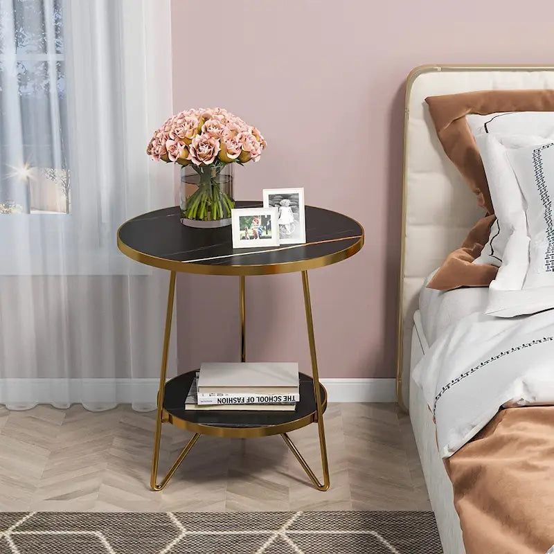 Round End Table, 2 Tier Wood Sofa Side Table for Living Room Bedroom