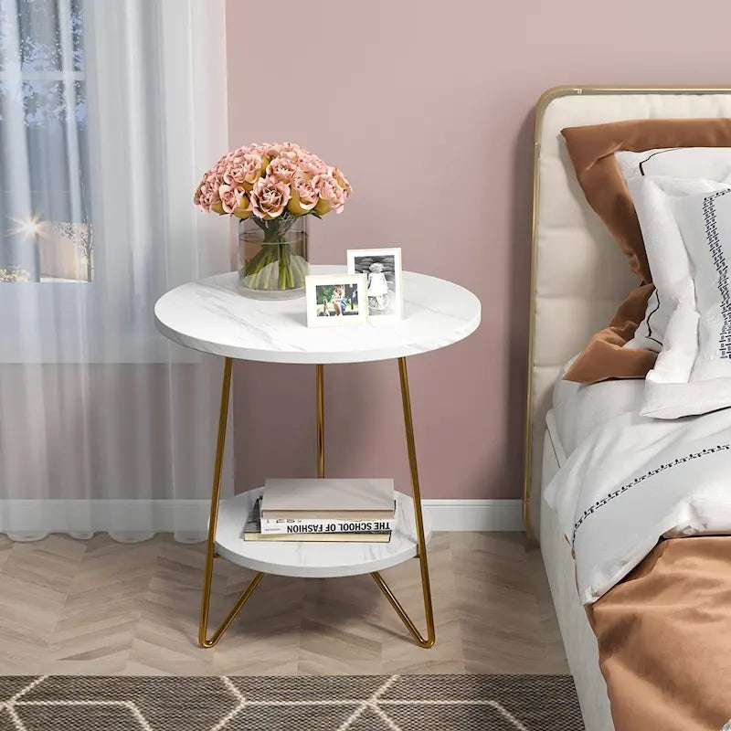 Round End Table, 2 Tier Wood Sofa Side Table for Living Room Bedroom