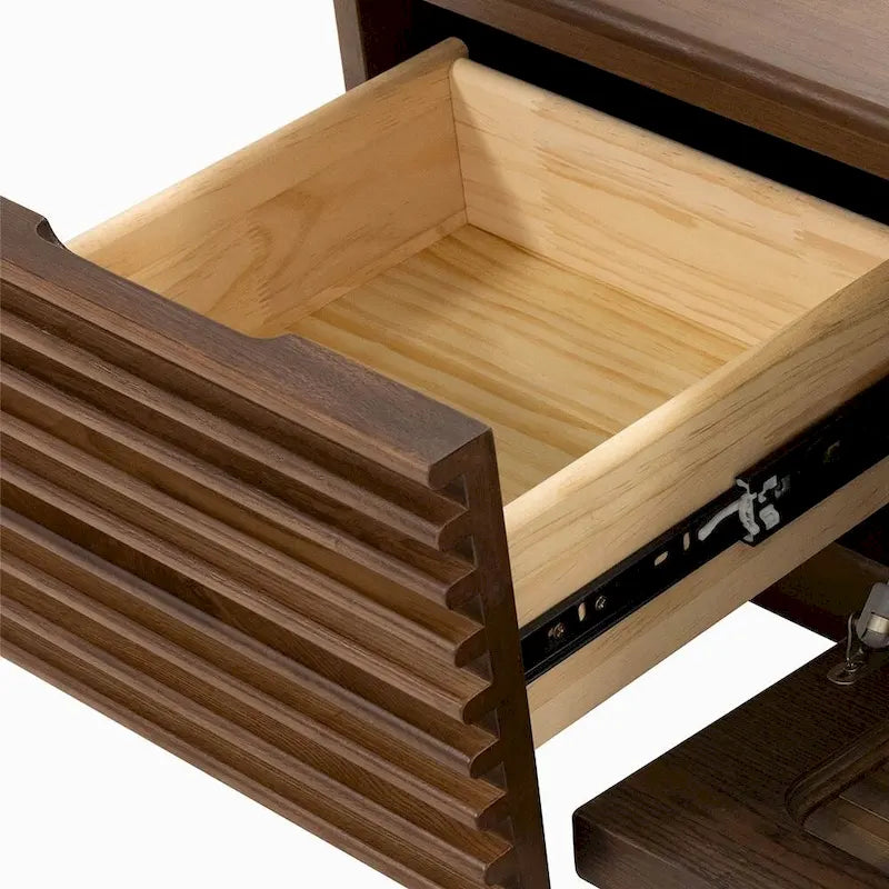 Minimalist TV Stand with DrawersSolid Wood Media Console with Cabinets, Flip-down Door, Walnut Veneer, Fully-Assembled