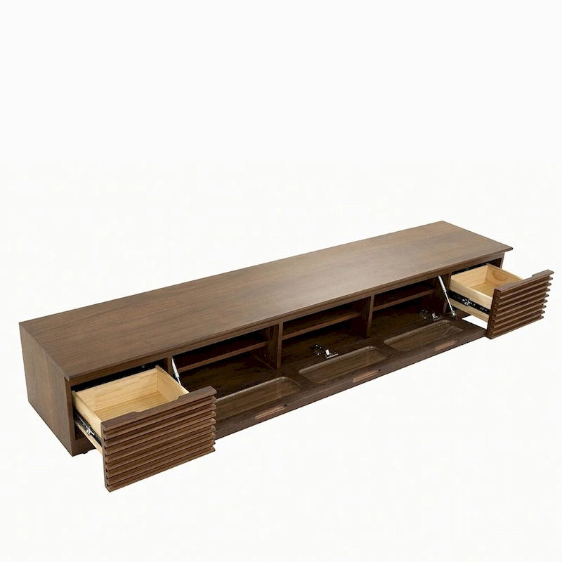 Minimalist TV Stand with DrawersSolid Wood Media Console with Cabinets, Flip-down Door, Walnut Veneer, Fully-Assembled
