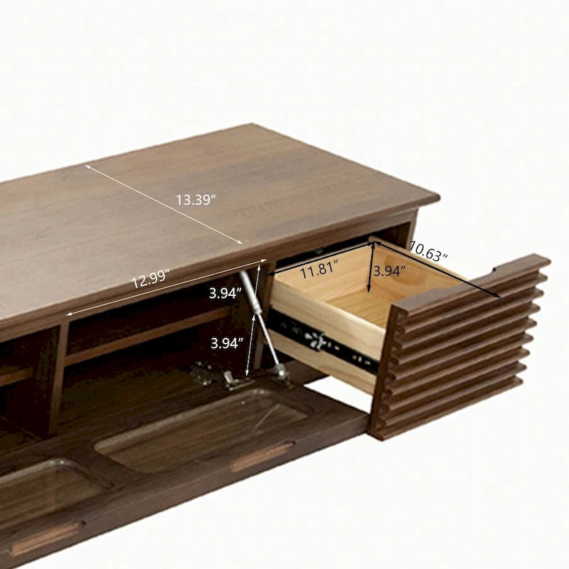 Minimalist TV Stand with DrawersSolid Wood Media Console with Cabinets, Flip-down Door, Walnut Veneer, Fully-Assembled