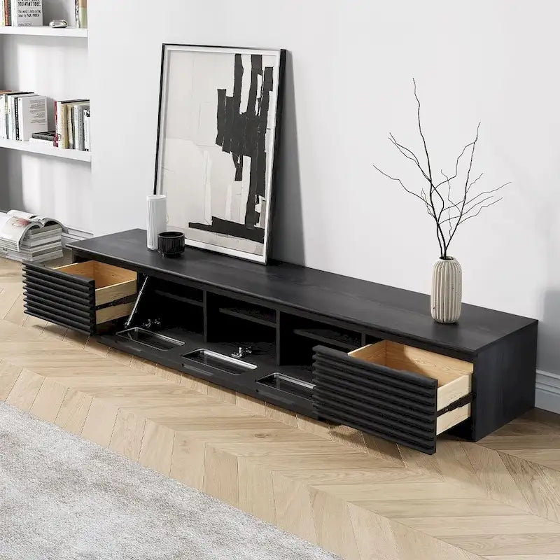 Minimalist TV Stand with DrawersSolid Wood Media Console with Cabinets, Flip-down Door, Walnut Veneer, Fully-Assembled