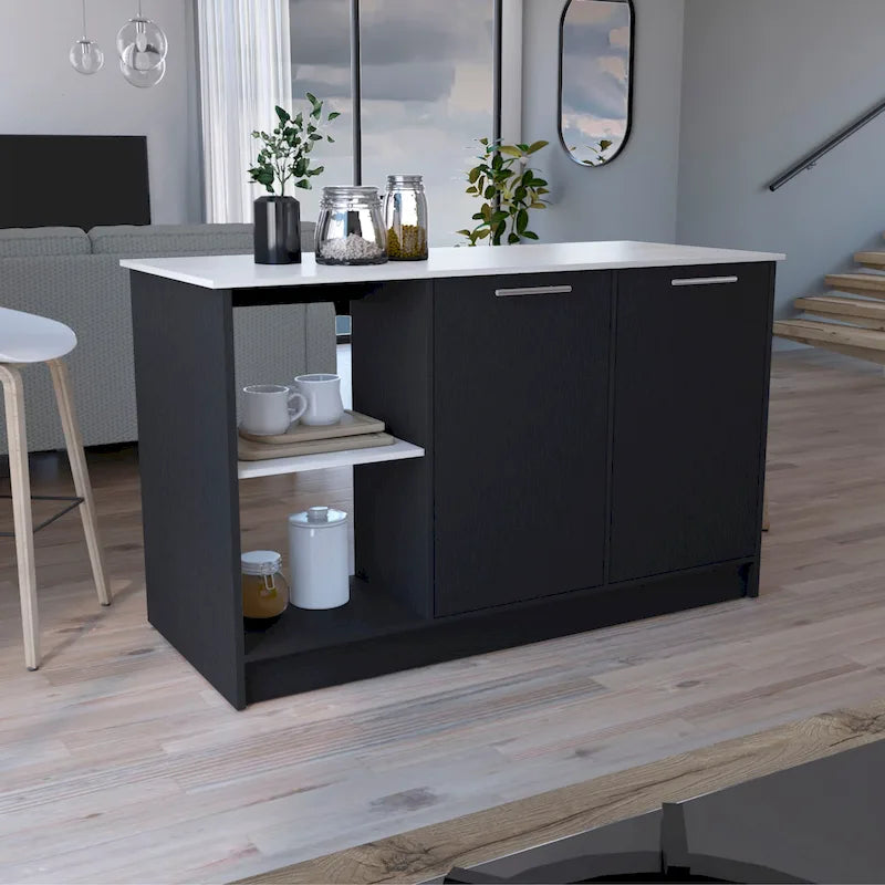 TUHOME Juniper Kitchen Island with Large Top Surface, Double Door Cabinet, and Open Shelves