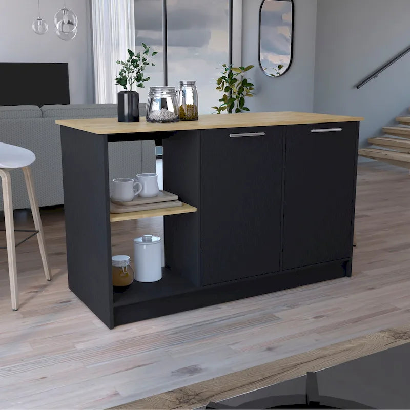 TUHOME Juniper Kitchen Island with Large Top Surface, Double Door Cabinet, and Open Shelves