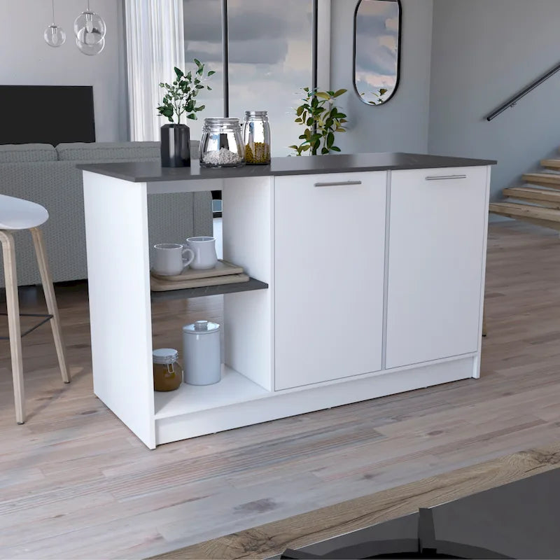 TUHOME Juniper Kitchen Island with Large Top Surface, Double Door Cabinet, and Open Shelves