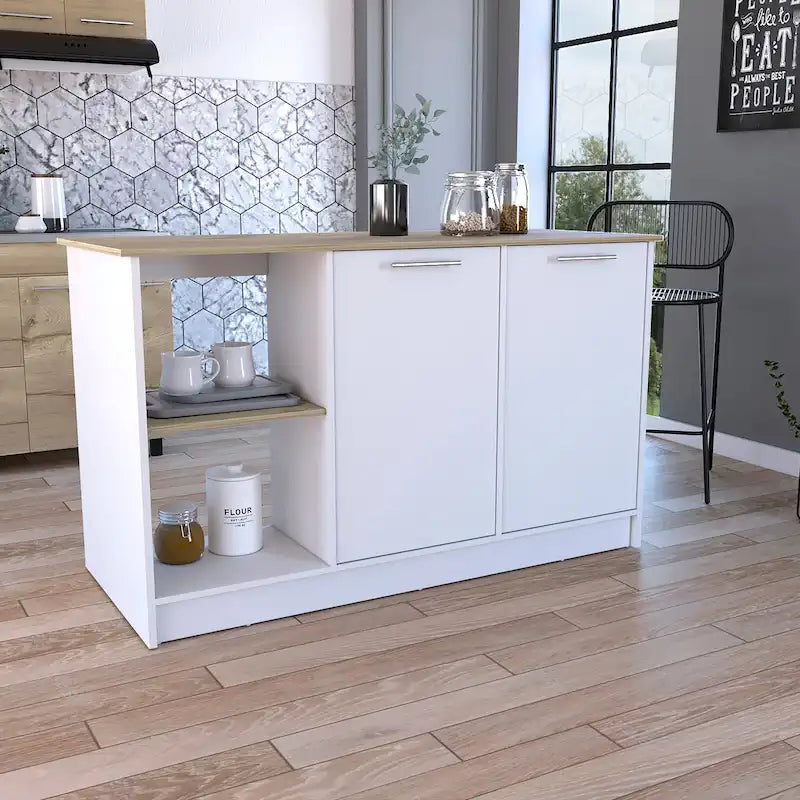 TUHOME Juniper Kitchen Island with Large Top Surface, Double Door Cabinet, and Open Shelves