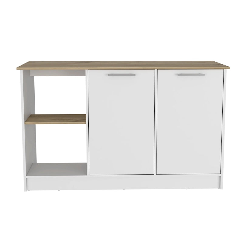 TUHOME Juniper Kitchen Island with Large Top Surface, Double Door Cabinet, and Open Shelves