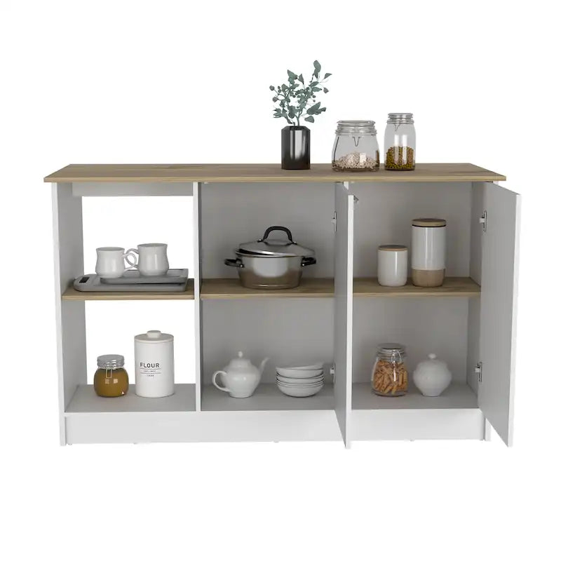 TUHOME Juniper Kitchen Island with Large Top Surface, Double Door Cabinet, and Open Shelves