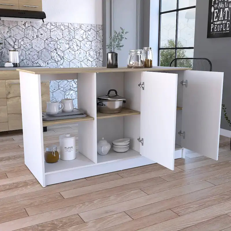 TUHOME Juniper Kitchen Island with Large Top Surface, Double Door Cabinet, and Open Shelves