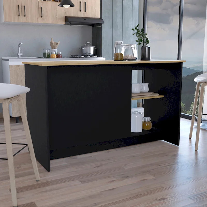 TUHOME Juniper Kitchen Island with Large Top Surface, Double Door Cabinet, and Open Shelves