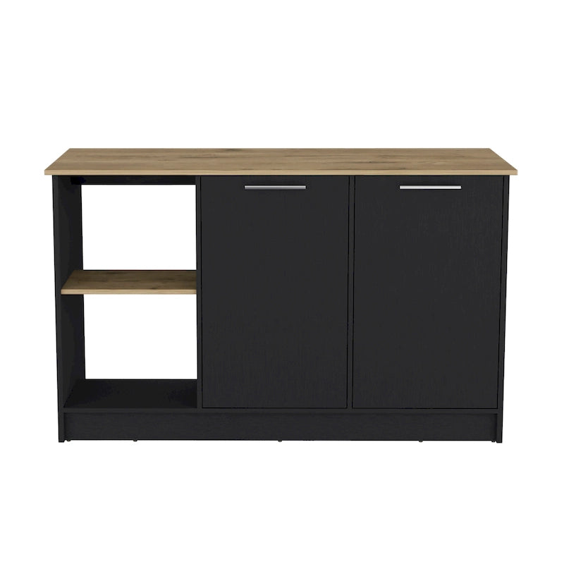 TUHOME Juniper Kitchen Island with Large Top Surface, Double Door Cabinet, and Open Shelves