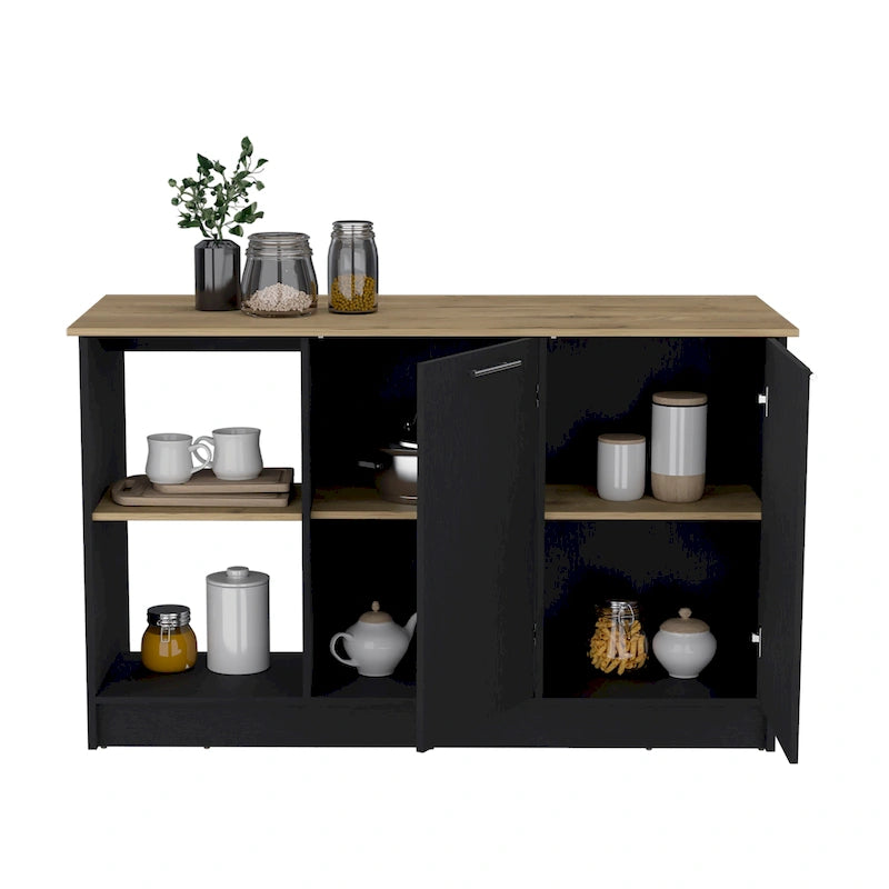 TUHOME Juniper Kitchen Island with Large Top Surface, Double Door Cabinet, and Open Shelves