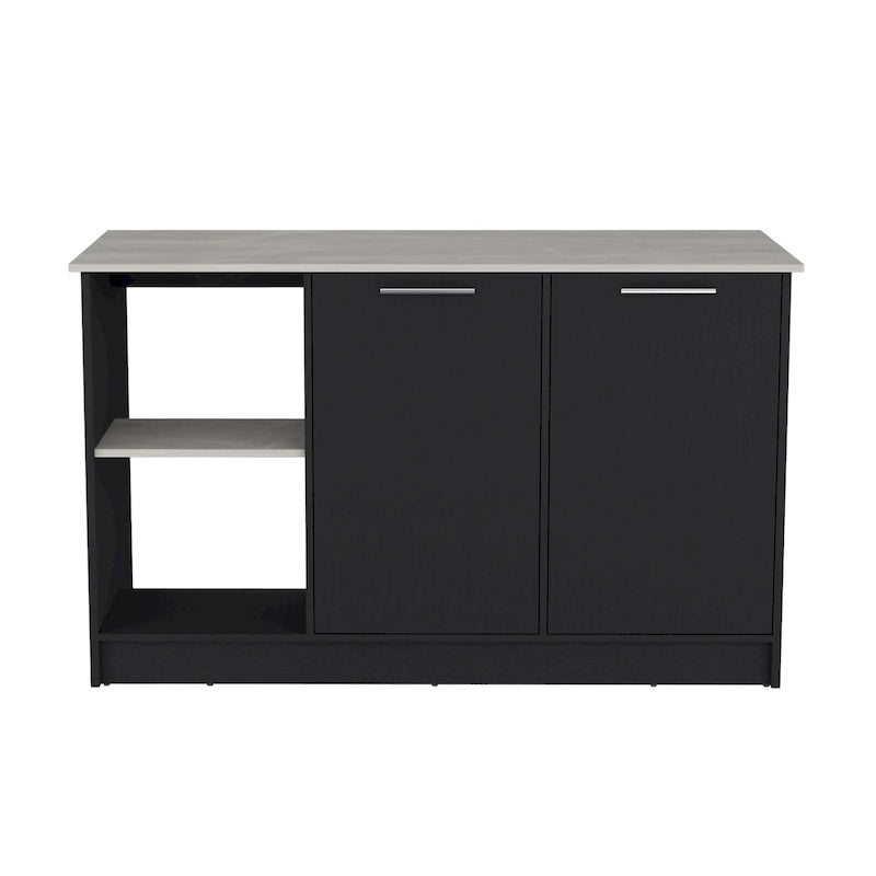TUHOME Juniper Kitchen Island with Large Top Surface, Double Door Cabinet, and Open Shelves