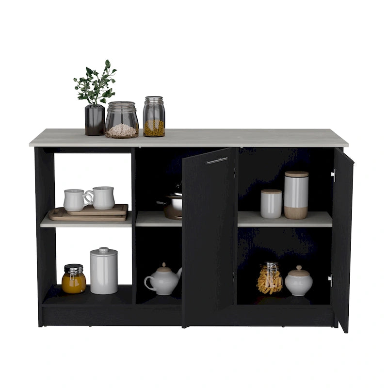 TUHOME Juniper Kitchen Island with Large Top Surface, Double Door Cabinet, and Open Shelves