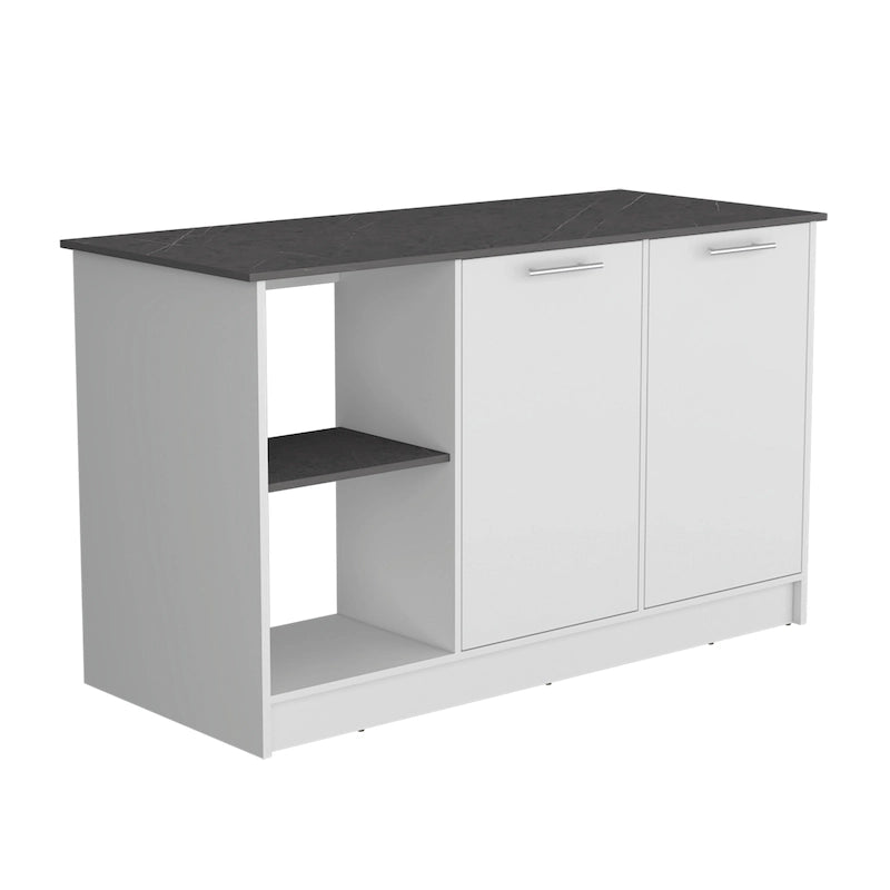 TUHOME Juniper Kitchen Island with Large Top Surface, Double Door Cabinet, and Open Shelves
