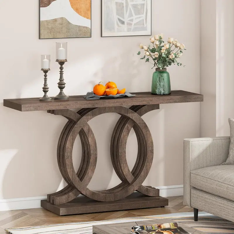 Vintage Console Table with Geometric Base Wooden Hallway Table