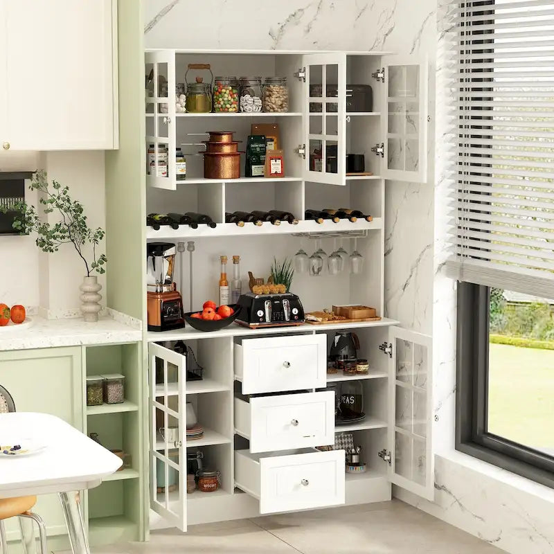 79Pantry Storage Cabinet Glass Doors Sideboard Buffet Cabinet Lacquer