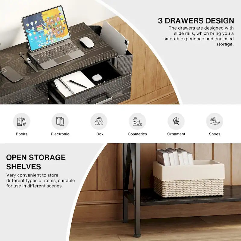 Console Table with 3 Drawers, Entryway Sofa Table with 3 Tier Storage Shelves