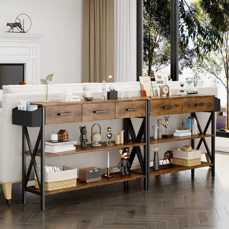 Console Table with 3 Drawers, Entryway Sofa Table with 3 Tier Storage Shelves