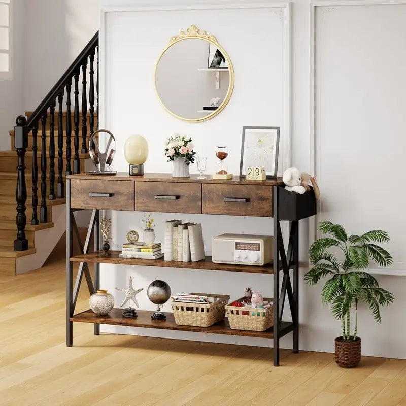 Console Table with 3 Drawers, Entryway Sofa Table with 3 Tier Storage Shelves