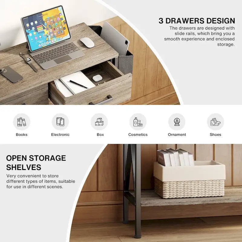 Console Table with 3 Drawers, Entryway Sofa Table with 3 Tier Storage Shelves