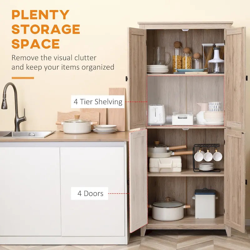 HOMCOM 72 Freestanding 4-Door Kitchen Pantry, Storage Cabinet Organizer with 4-Tiers, and Adjustable Shelves, White