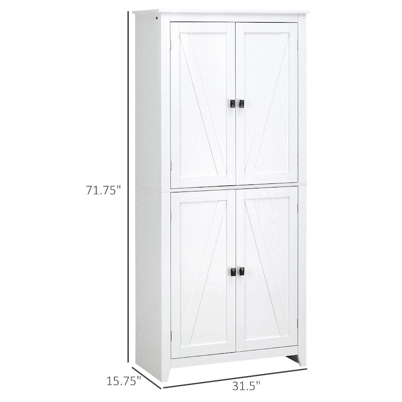 HOMCOM 72 Freestanding 4-Door Kitchen Pantry, Storage Cabinet Organizer with 4-Tiers, and Adjustable Shelves, White