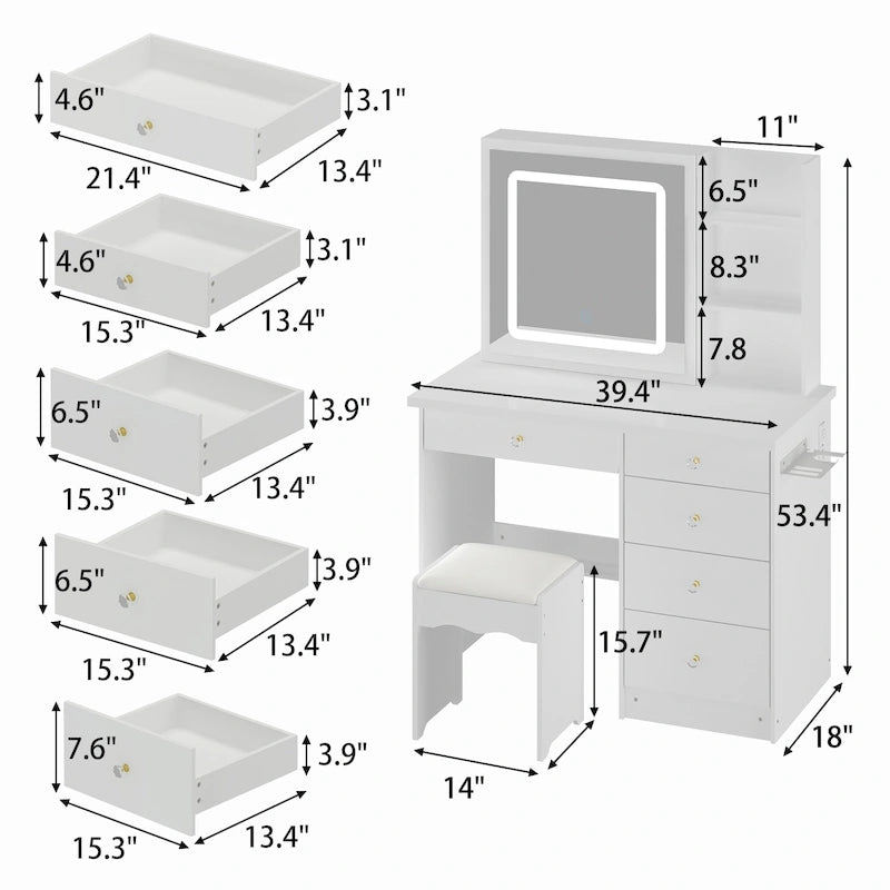 Vanity Set Dressing Table w/Lighted Makeup Mirror and Charging Station