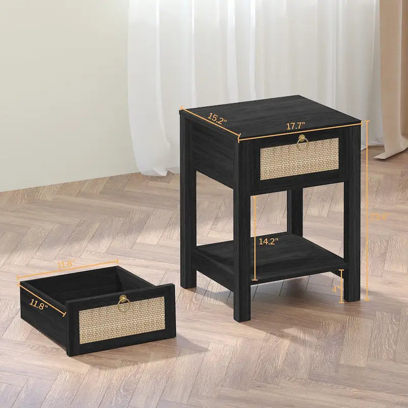 SICOTAS Farmhouse 1-Drawer Rattan Nightstand Set of 2