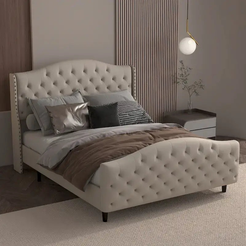 Bed Frame, Wingback Upholstered Button Tufted Headboard, No Box Spring Needed, Load Up to 800Lbs